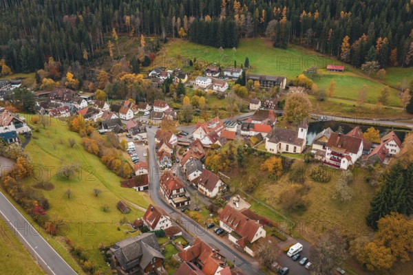 A small village with a church, surrounded by autumnal meadows and forests, Berneck Castle, Altentsteig, Calw district, Germany