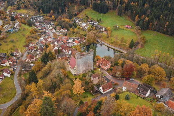 A castle and an idyllic village on a river surrounded by autumn trees, Berneck Castle, Altentsteig, Calw District, Germany