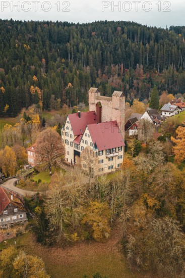 A castle with red tiled roofs surrounded by autumn-colored trees and small houses, Berneck Castle, Altentsteig, Calw district, Germany