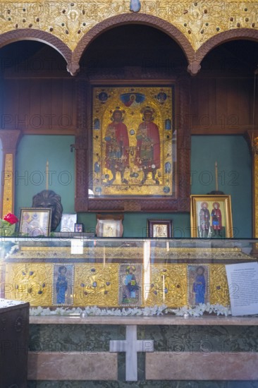 A richly decorated shrine with icons and gold ornaments, religious representations, Motsameta monastery, near Kutaisi, Imereti region, Georgia