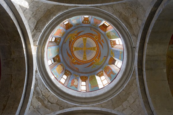 A painted dome ceiling of a church with religious frescoes, Motsameta monastery, near Kutaisi, Imereti region, Georgia