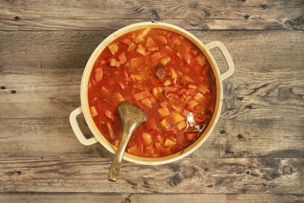 Top view of a hearty beef stew in a large pot, filled with tender beef chunks, colorful vegetables, and a rich broth. The warm meal invites comfort and satisfaction, perfect for a cozy dinner