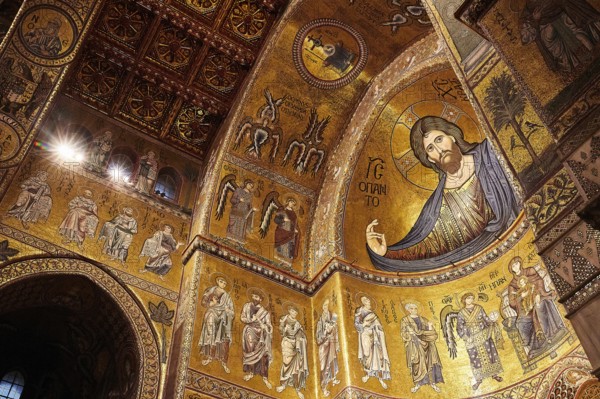 Gold-decorated mosaic depicting Christ in the interior of a Byzantine church, Monreale, cathedral, UNESCO World Heritage Site, Sicily, Italy