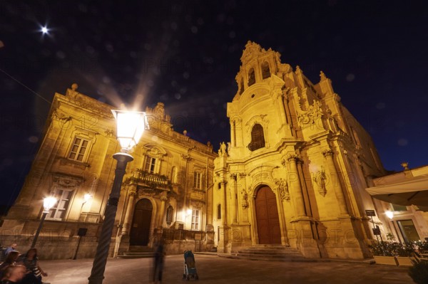 Ragusa, Baroque church illuminated at night, warm lighting effects by street lamp, Baroque towns of Sicily, Baroque corner of Sicily, late Baroque towns of Val di Noto, UNESCO World Heritage Site, Sicily, Italy