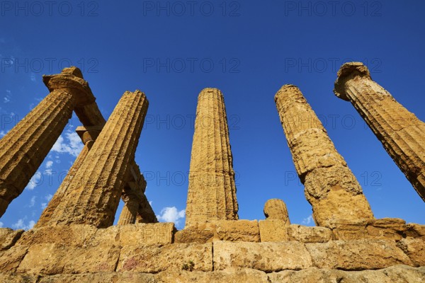 Temple of Hera, Temple of Juno, ancient, well-preserved columns against a bright blue sky, Valley of the Temples, Valle dei Templi, Archaeological Site, UNESCO World Heritage Site, Agrigento, Sicily, Italy