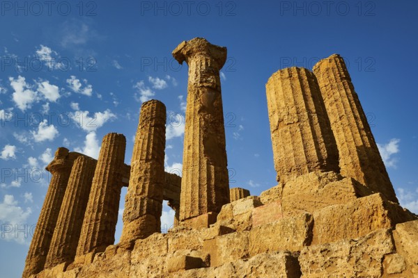 Temple of Hera, Temple of Juno, Ancient Sandstone Temple Ruins with Blue Sky and Clouds, Valley of the Temples, Valle dei Templi, Archaeological Site, UNESCO World Heritage Site, Agrigento, Sicily, Italy