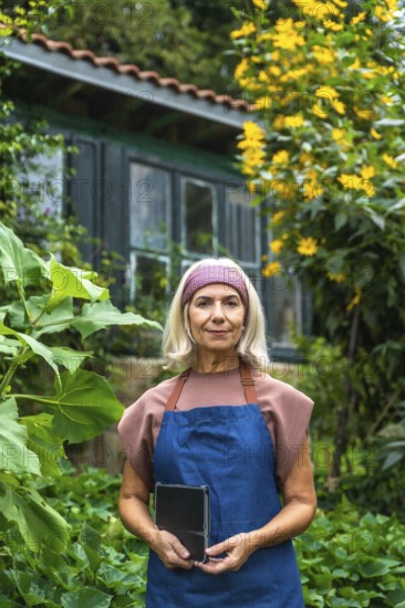 Senior woman wearing an apron and a headband, standing in a lush green garden while holding a modern tablet, representing the blend of tradition and technology in gardening
