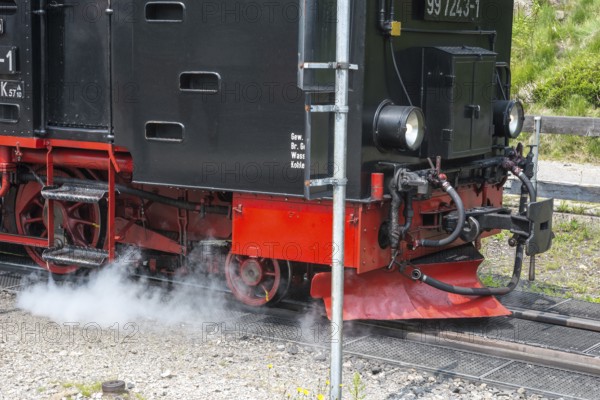 Front of a steaming locomotive, steam locomotive, railroad, railroad locomotive, detail, close-up, Harz narrow-gauge railways at Schierke station, narrow-gauge railway, low mountain range, Brocken railway from Drei Annen Hohne to Brocken, Harz National Park, Harz, Wernigerode, Harz district, Saxony-Anhalt, Germany