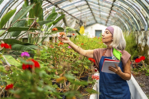 Senior woman wearing an apron and bandana holding a notebook, gently touching a flowering plant while inspecting the vibrant foliage in an old greenhouse