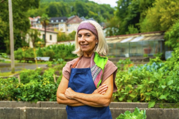 Senior woman wearing an apron and bandana standing with arms crossed in a vibrant community garden, finding joy and connection through her healthy gardening hobby