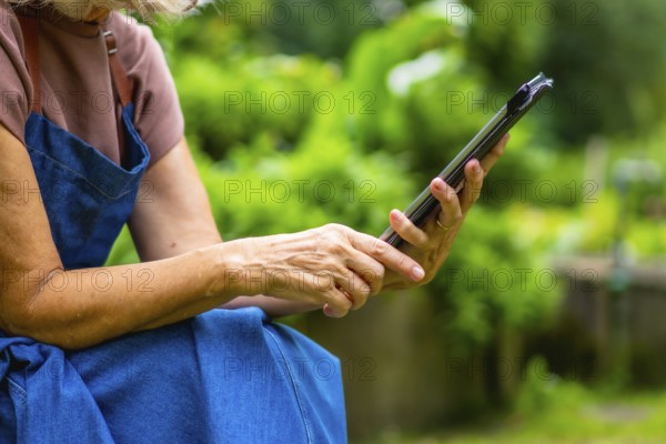 Senior woman is holding and interacting with a digital tablet in a vibrant green garden, embracing technology while managing her outdoor planting projects