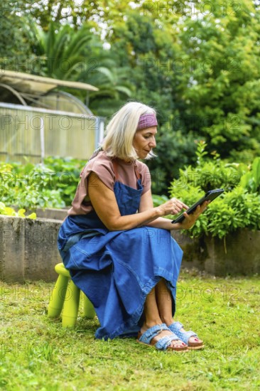 Senior gardener using a tablet to monitor and manage a smart home garden, planning tasks and checking plant data for sustainable, connected urban farming and healthy living