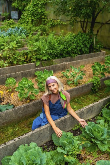 Senior woman in overalls smiling while tending raised bed allotment, harvesting organic vegetables and enjoying sustainable, healthy living in a sunny community garden setting