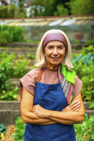 Senior woman wearing an apron and headscarf, standing with arms crossed in a lush community vegetable garden, smiling and looking directly at the viewer