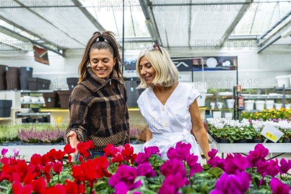 Two smiling women, a mother and her adult daughter, enjoying quality time together while selecting vibrant flowering plants in a brightly lit greenhouse nursery