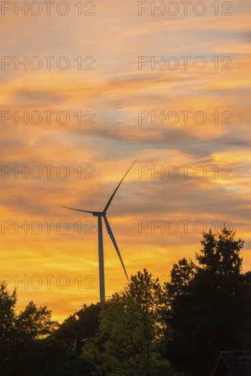 Stationary wind turbine, wind turbine, rotor blades and generator, silhouette, atmospheric sky in the evening, orange clouds at sunset, energy, power generation, electricity, lull, calm, trees, Lüneburg district, Lower Saxony, GermanySilhouette of a wind turbine in front of an orange sunset sky