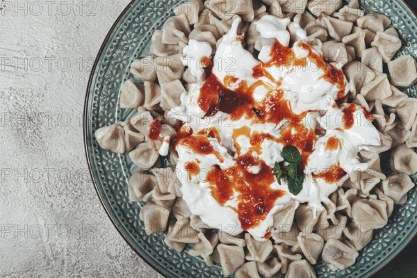 The dish features a generous serving of Turkish dumplings topped with velvety yogurt and a drizzle of spicy red sauce, displayed on a beautifully crafted plate with a green accent