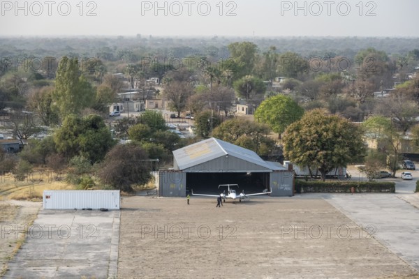 Plane in hangar, Maun airport, Botswana