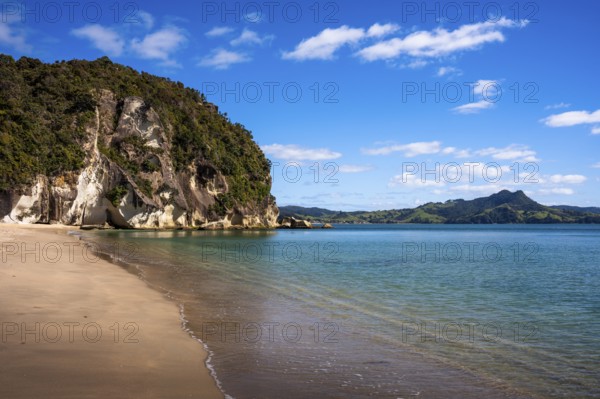 Landscape with sea and sandy beach in New Zealand. Lonely Bay, Shakespeare Cliff, Cooks Beach, Coromandel Peninsula, Waikato, New Zealand