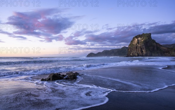Landscape in New Zealand with sea and beach. Piha Beach and Lion Rock. In the evening after sunset. Piha, Waitakere Ranges, West Auckland, New Zealand