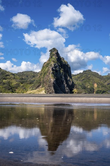 Landscape in New Zealand with sandy beach. Karekare Beach and The Watchman Rock. Karekare, Waitakere Ranges, West Auckland, New Zealand