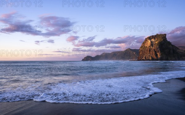 Landscape in New Zealand with sea and sandy beach. Piha Beach and Lion Rock. sunset. Piha, Waitakere Ranges, West Auckland, New Zealand