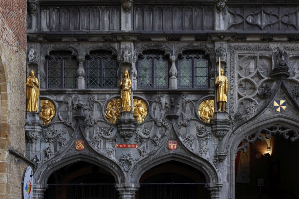 Richly decorated façade and entrance portal to St. Ivo Chapel at the Basilica of the Holy Blood, Castle Square in the historic old town, Bruges, UNESCO World Heritage Site, Flanders, Belgium