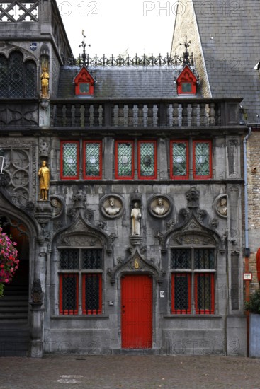 Richly decorated façade of the criminal office at the St. Ivo Chapel of the Holy Blood Basilica, Castle Square in the historic old town, Bruges, UNESCO World Heritage Site, Flanders, Belgium