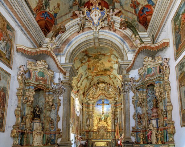 Interior of the historical Baroque church and colorful altar of Bom Jesus de Matosinhos in Congonhas, Congonhas, Minas Gerais, Brazil