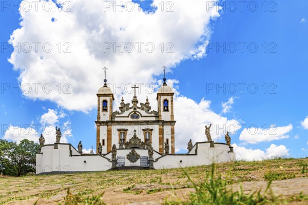 View of historical sanctuary of Bom Jesus de Matosinhos and sculptures of the twelve prophets by Aleijadinho in the city of Congonhas in Minas Gerais