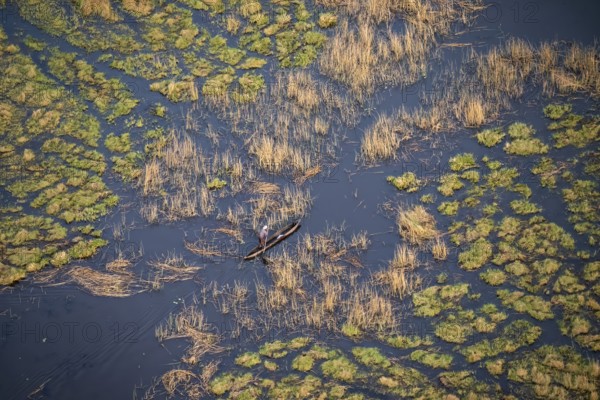 Marshland, marshland, Kavango fishermen with dugout boat, Mokoro, aerial view, Okavango Delta, Botswana