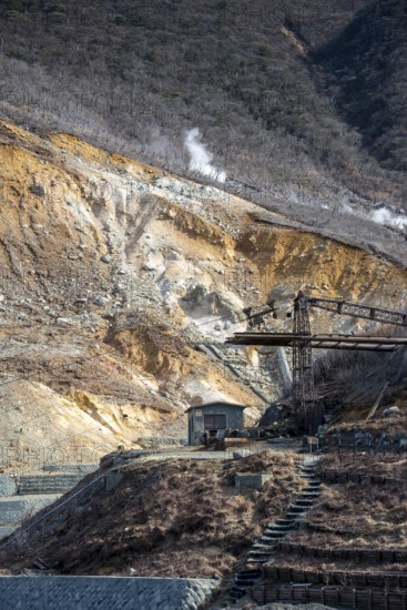 Cable car in Owakudani geothermal area at Komagatake volcano, Hakone, Japan