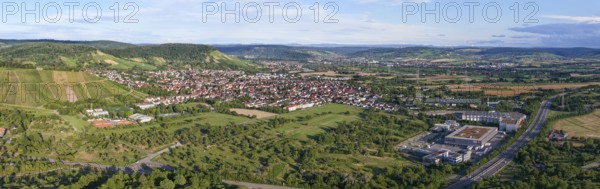 Panoramic view of an urban area with vast hills and blue skies, Korb im Remstal municipality, Rems-Murr-Kreis, Baden-Württemberg, Germany