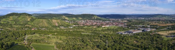 Rural area with a town surrounded by fields and rolling hills under a blue sky, Korb im Remstal municipality, Rems-Murr-Kreis, Baden-Württemberg, Germany