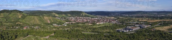Panoramic view of a city in a hilly landscape with fields and clouds, Korb im Remstal municipality, Rems-Murr-Kreis, Baden-Württemberg, Germany