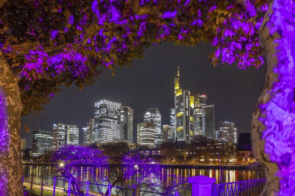 The lights of Frankfurt's banking skyline glow in the evening, Frankfurt am Main, Hesse, Germany