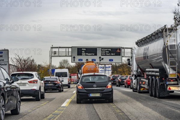 Traffic jam on the A42 motorway in front of the Oberhausen-West motorway junction, during the full closure of the A3 at the Kaiserberg junction for several days, during the 8-year renovation of the motorway junction in Duisburg, A3 with the A40, North Rhine-Westphalia, Germany