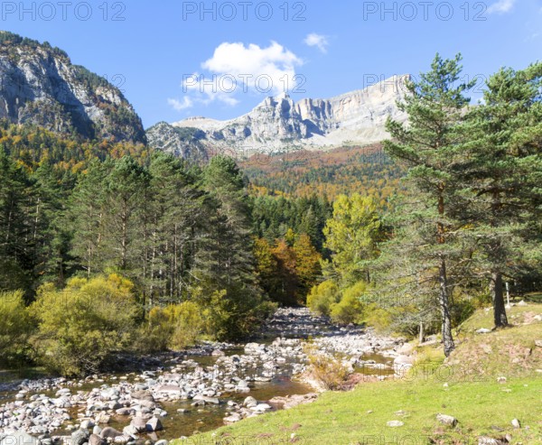 Mountain landscape view river at Selva de Oza, Valle de Hecho, Pyrenees Mountains, Huesca province, Aragon, Spain