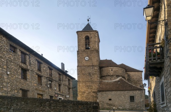 Church of San Martin medieval village of Echo or Hecho, Valle de Hecho, Pyrenees Mountains, Huesca province, Aragon, Spain