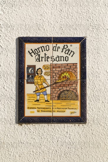 Historic ceramic tiles for artisanal bread oven bakery, village of Echo or Hecho, Valle de Hecho, Huesca province, Aragon, Spain