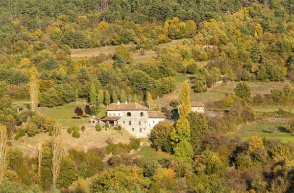 Autumn valley landscape farmhouse building near village of Echo or Hecho, Valle de Hecho, Huesca province, Aragon, Spain