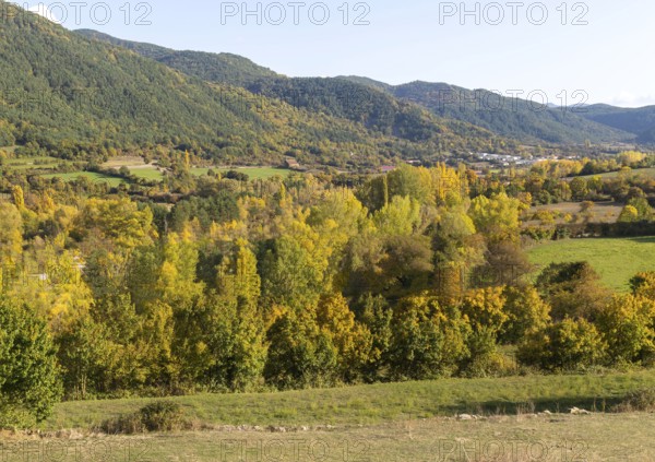 Autumn valley landscape near village of Echo or Hecho, Valle de Hecho, Huesca province, Aragon, Spain