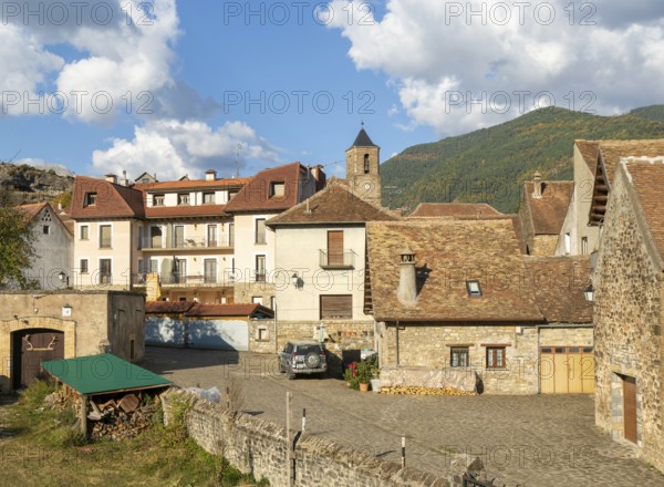 Historic buildings medieval village of Echo or Hecho, Valle de Hecho, Pyrenees Mountains, Huesca province, Aragon, Spain