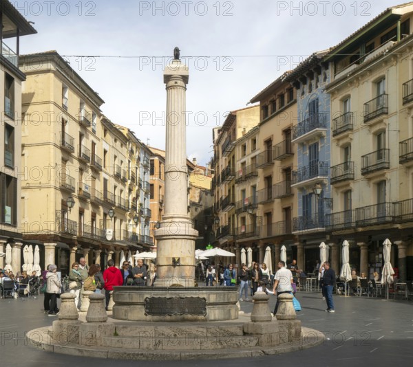 Historic buildings fountain monument, Plaza del Torico square, city centre of Teruel, Aragon, Spain