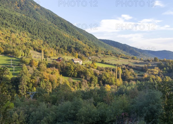 Autumn valley landscape farmhouse building near village of Echo or Hecho, Valle de Hecho, Huesca province, Aragon, Spain