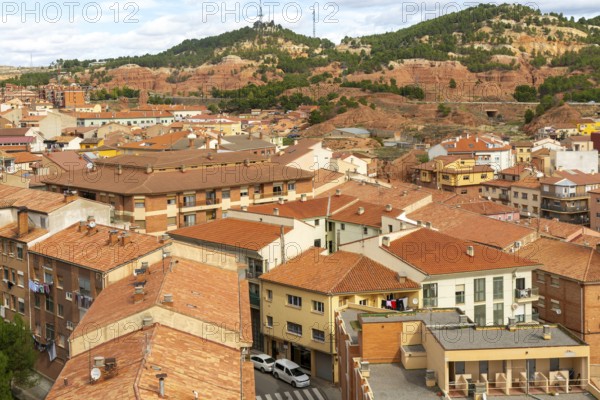 Rooftops of apartment block buildings in lower housing area to east of city centre of Teruel, Aragon, Spain