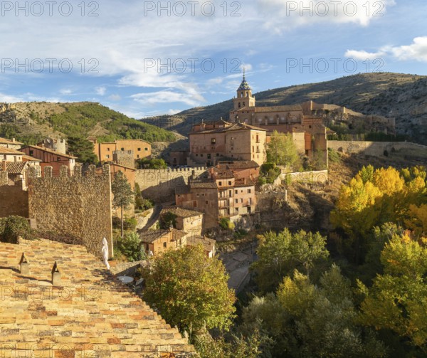Historic buildings on hillside medieval village of Albarracin, Teruel province, Aragon, Spain