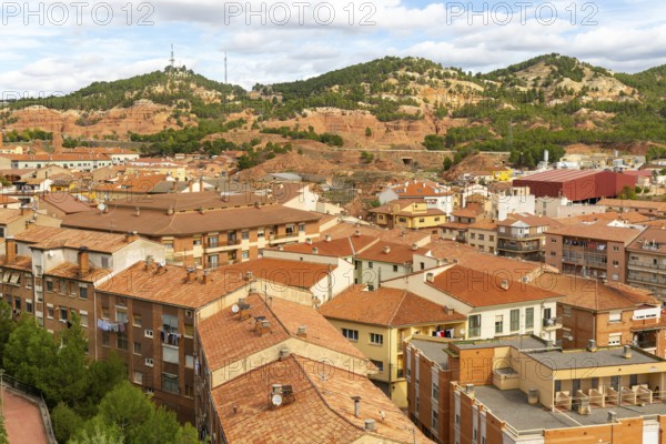 Rooftops of apartment block buildings in lower housing area to east of city centre of Teruel, Aragon, Spain