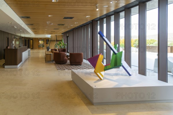 Modern interior of reception area, new Parador de Molina de Aragón, Guadalajara province, Castile-La Mancha, Spain