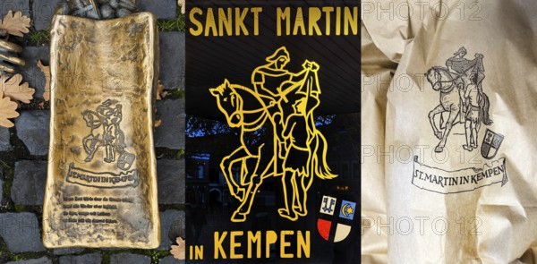 Martin bag of the sculpture entitled Saint Martin in Kempen by Michael Franke, poster and real Martin bag, Kempen, North Rhine-Westphalia, Germany